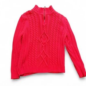 Leo & Nicole Womens L Pink Candy Apple Red Cotton Quarter Zip Cable Knit Sweater
